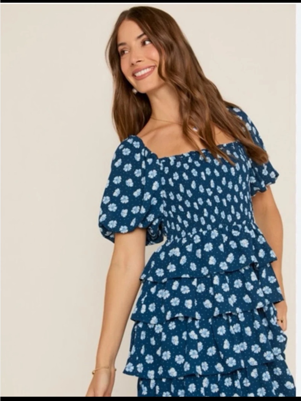 Crystal Doll Cottagecore Blue & White Floral Smocked Tiered Dress size Large - Picture 4 of 12